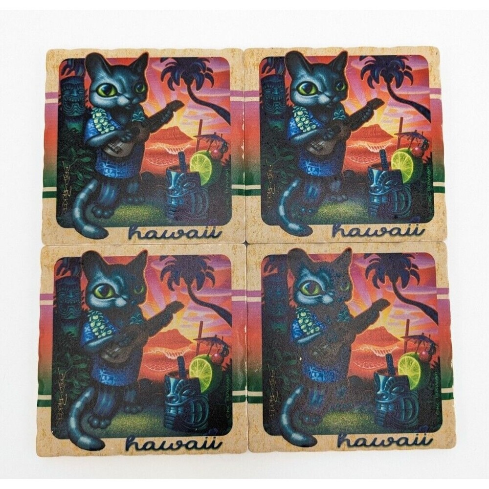 4 Hula Cat Musician Ukulele Coasters Aloha Tiki Party Hawaii Ceramic Brad Parker
